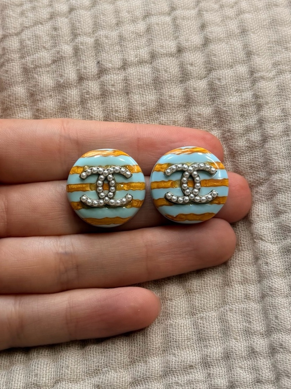 🩵CHANEL Round Striped CC Clip-On Earrings in Light Blue & Gold💛 - Picture 5 of 11